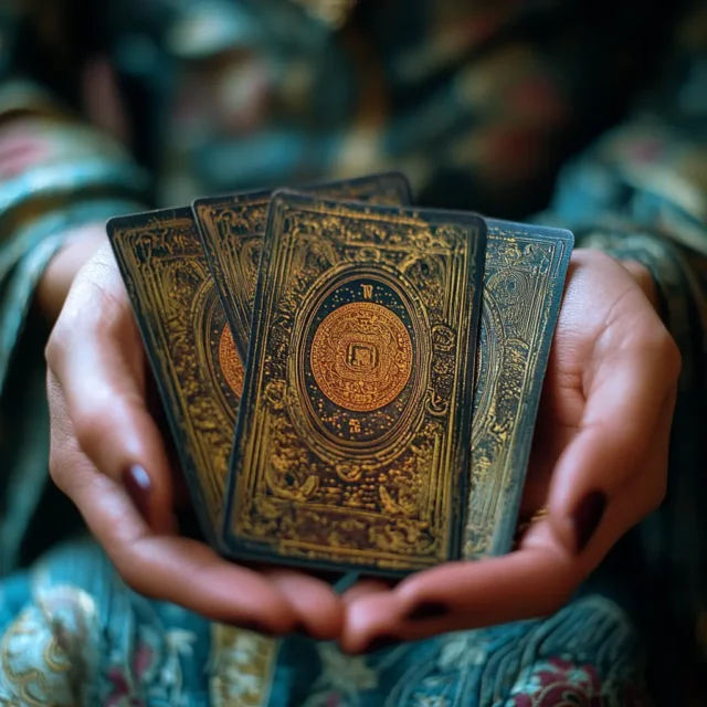 A fortune-teller's hands hovering over a Tarot card spread