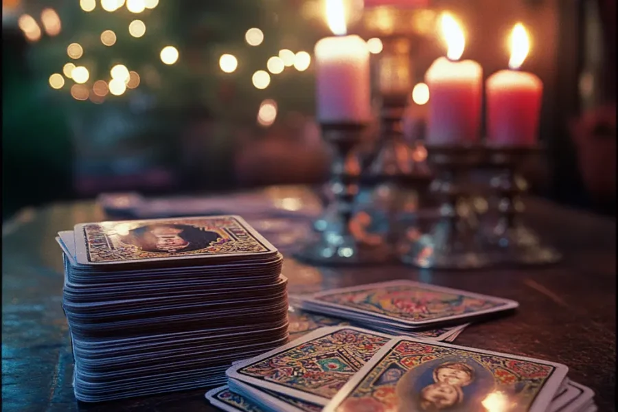 A classic Rider-Waite Tarot deck spread