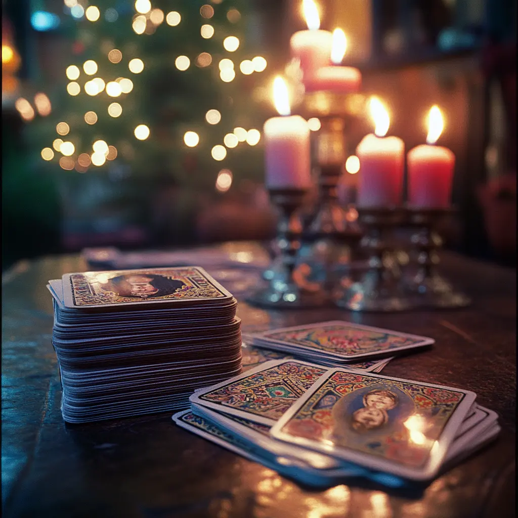 A classic Rider-Waite Tarot deck spread