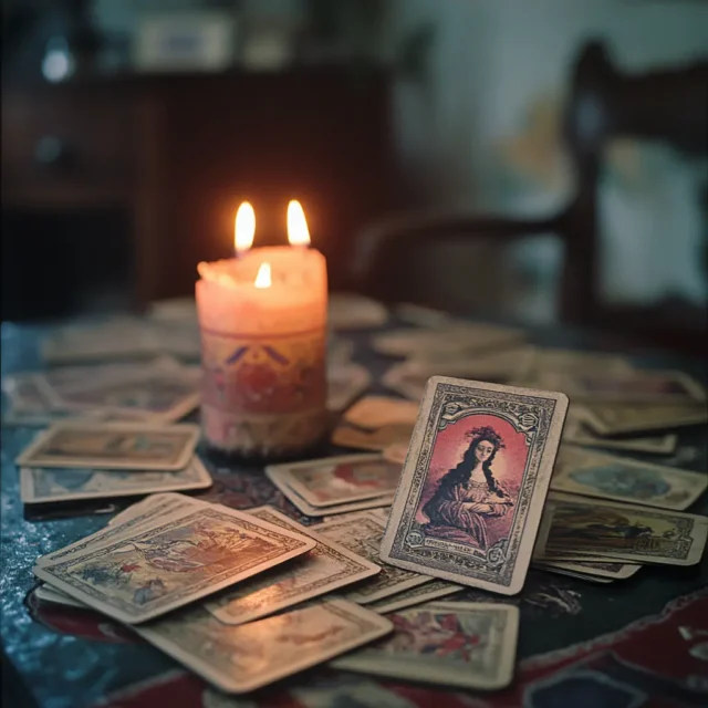A shuffled Tarot deck with a few cards drawn for a reading