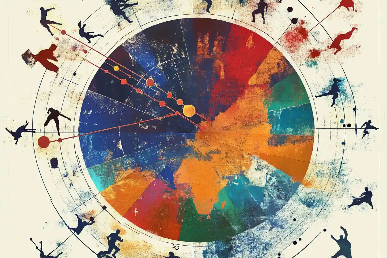 Abstract illustration of zodiac symbols in dynamic athletic motion across a cosmic background